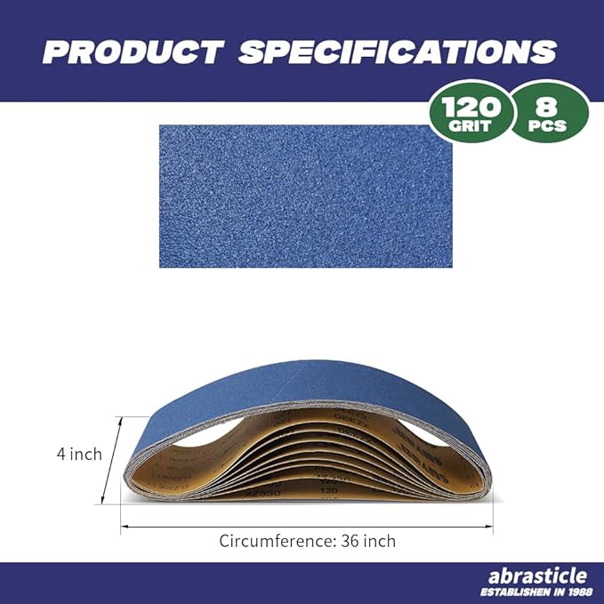 4" x 36" Zirconia Sanding Belts for Metal - 4 x 36 Inch Zirconia Metal Grinding Sand Paper, 8 PCS 120 Grits, Perfect for Knife Blade Sharpening, Metal Polishing, Derusting, Woodworking