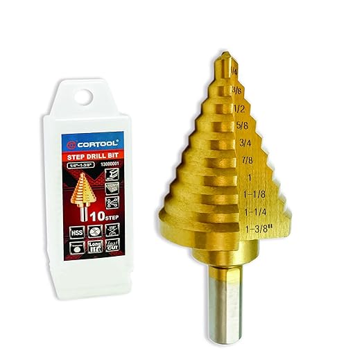 Step Drill Bit for Metal, HSS Step Drill Bit, CORTOOL Titanium High Speed Steel Step Drill Bits, Unibit Step Drill Bits (1/4" to 1-3/8" Step Bit)
