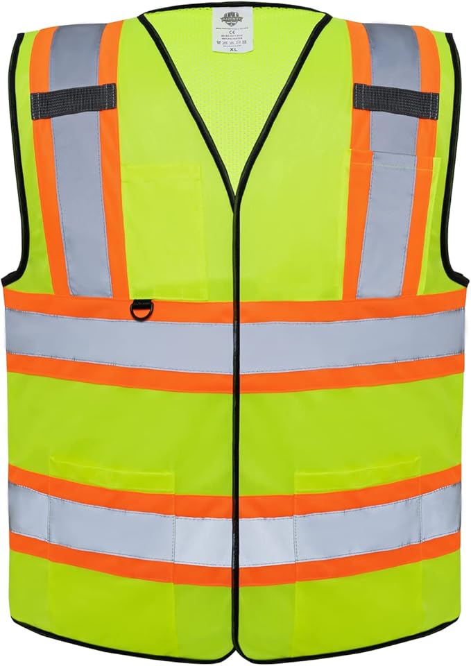 Dazonity High Visibility Safety Vest with Multi Pockets, Reflective Strips, Fit for Men & Women, Work, Construction,Cycling, Runnning, Surveyor, Volunteer (Yellow-3XL)