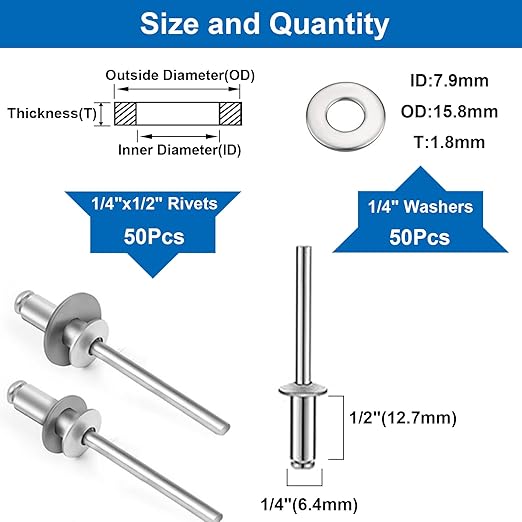 smseace 100Pcs 1/4"x1/2" Pop Rivets with Washer Assortment Kit 6.4x12.7mm Pop Rivets and 1/4" 304 Stainless Steel Backup Washers Aluminum Rivets kit for Metal/Furniture/Automotive/Instruments
