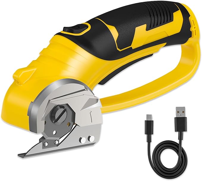 Cordless Electric Scissors, 4V Box Cutter & Cardboard Cutter with Upgrade Blade, LED Light, Safety Lock - Rechargeable Rotary Cutter for Fabric, Leather, Plastic, Crafting, Sewing, Industrial (Yellow)