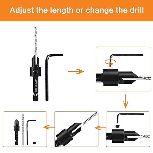 8 Pack Woodworking Countersink Drill Bits Set 3in1, Heavy Duty M2 Pilot Drill Bits Depth Adjustable, 82-Degree Chamfer, 1/4” Hex Shank, for #4#6#8#10#12#14 Screws in Soft & Hard Wood