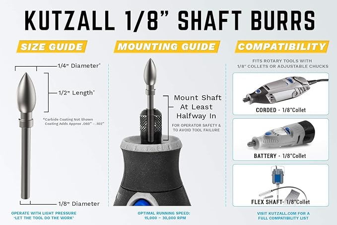 Kutzall 4-Piece Rotary Burr Kit - 1⁄8" Shaft, Fine - Wood Carving Bits for Dremel, Foredom, Ryobi, DeWalt, Milwaukee Tools - Structured Tungsten Carbide