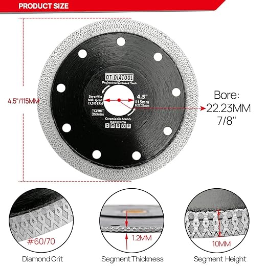 DT-DIATOOL Diamond Tile Blade 4-1/2 Inch 2pcs Diamond Turbo X Mesh Rim Segement Circular Saw Blade for Procelain Ceramic Stoneware Marble Granite Fits 5/8"-7/8" Arbor