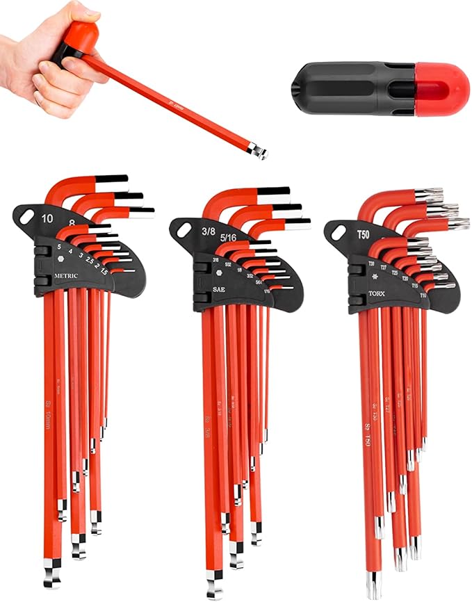ROTATION 27PC Extra Long Hex Key Set - Metric & SAE Ball End Allen Wrenches, L-Shaped S2 Alloy Steel for Automotive Industrial Motorcycle, Pro-Grade Tool Kit
