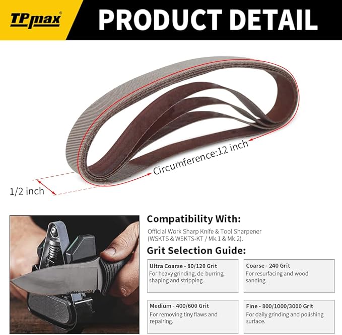 45-Piece 1/2" x 12" Knife Sharpener Sanding Belt Kit for Work Sharp Knife & Tool Sharpener (WSKTS & WSKTS-KT/Mk.1 & Mk.2) - Multiple Grits