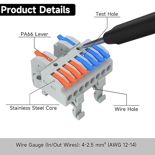 3Pcs Lever Wire Connectors, 2 in 8 Out, Push-in, 4-2.5 mm² Quick Wiring DIN Terminal Blocks, 30Pcs Wire Ferrules Terminals & 5.51 Inch DIN Rail Included
