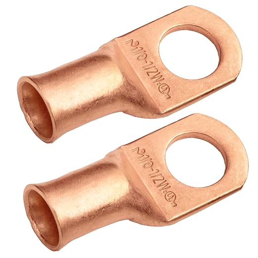SELTERM 2pcs 1/0 AWG 1/2" Stud (Wide Pad) Copper Wire Lugs, Battery Lugs, Ring Terminals, Battery Cable Ends, 0 Gauge Ring Terminal Connectors, UL Heavy Duty Bare Copper Eyelets Battery Cable Lugs