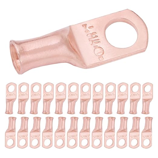 SELTERM 25pcs 8 AWG 1/4" Stud Battery Lugs, Ring Terminals, Heavy Duty Copper Wire Lugs, Battery Cable Ends, 8 Gauge Ring Terminal Connectors, UL Bare Copper Eyelets Electrical Battery Cable Lugs