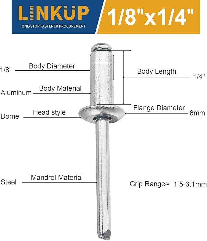 Linkup 400pcs pack 1/8" x 1/4" Pop blind Rivets, 3.2mm x 6.4mm pop rivets,Aluminum Body Steel Mandrel Rivets (Silver),Dome Head aluminum rivets