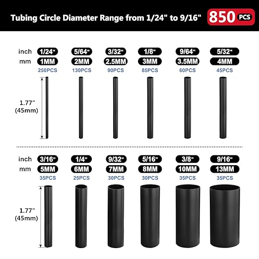 Chanzon 850 Pcs Heat Shrink Tubing Kit, 2:1 Heat Shrink Wrap Tubing with Length 1.77" (inch), Black Polyolefin Sleeving 2 to 1 Heat-Shrink Tube
