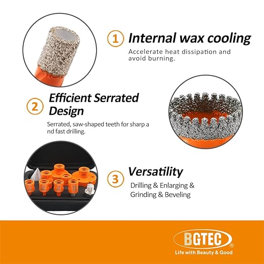 Diamond Core Drill Bit Kit BGTEC Diamond Hole Saw Tile Cutter,5/8"-11 Thread 7pcs 6/8/10/25/35/50/65mm Drill Bits+1pc 10mm Finger Bit+1pc 2" Chamfer Bit+Hex