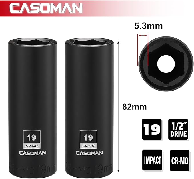 CASOMAN 2PCS 1/2-Inch Drive Deep Impact Socket-19mm, 6-Point, Metric, CR-MO