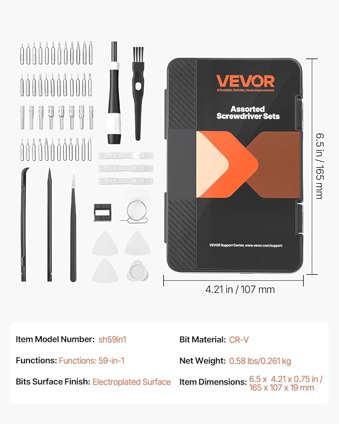 VEVOR Screwdriver Set, 59-Piece Small Precision Screwdriver Set with Phillips, Flat Head, Torx, Pentalobe Bits, Tweezer for Men, Mini Cleaning Repair Tool Kit for iPhone, MacBook, Laptop, Computer