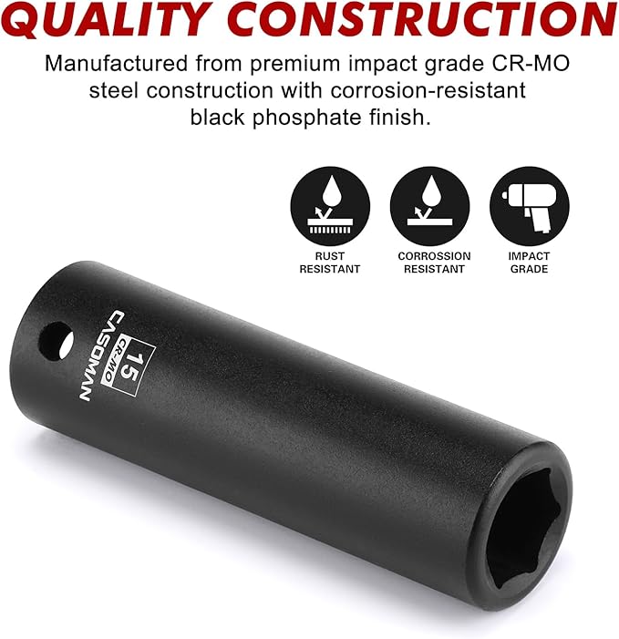 CASOMAN 1/2" Drive x 15mm Deep Impact Socket, 6-Point, Metric, CR-MO