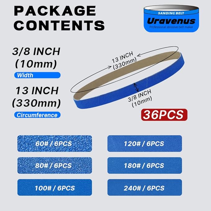 10 x 330 mm 3/8 x 13 Inch Sanding Belts, 36 Pcs Assorted Grits (60/80/100/120/180/240), Zirconia Sanding Belts for Metal Polishing, Woodworking, Derusting