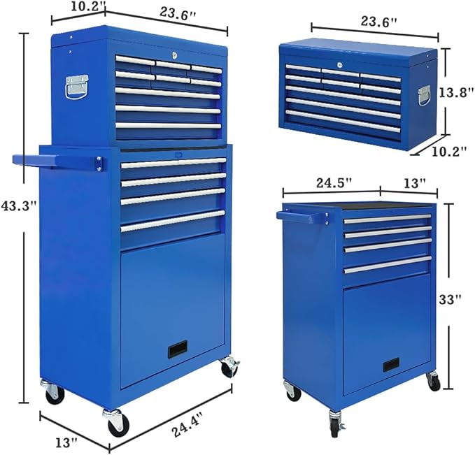 13-Drawer Tool Chest with Wheels,2 in 1 Detachable Rolling Tool Chests with Drawers,Large Tool Box with Lock,Mobile Steel Tool Cabinet Storage for Warehouse,Garage-Blue