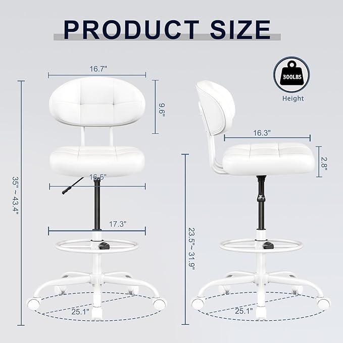 Misolant Drafting Chair, Armless Tall Office Chair with Footrest Ring for Standing Desk, Small Faux Leather Executive Computer Chair with Adjustable Height for Bar Lab Counter Height Desk, White