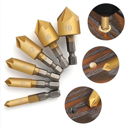 COMOWARE Countersink Drill Bit Set- 7 Pcs Counter Sinker Drill Bits for Wood, Quick Change, 1/4'' Hex Shank, High Speed Steel, 5 Flute 90 Degree Center Punch Tool, 1/4''-3/4''