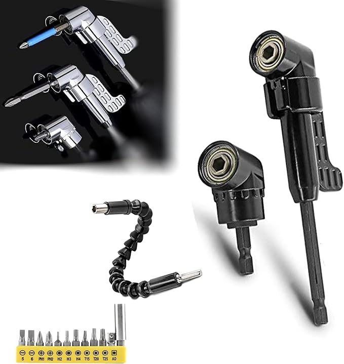 105 Degree Right Angle Drill Adapter, 1/4" Hex Shank Driver Angle Drill Attachment with Multi-function Bend Screwdriver Bit, Angle Driver for Drill, Drill Attachment for Household Work (L+S（BK）+FS)