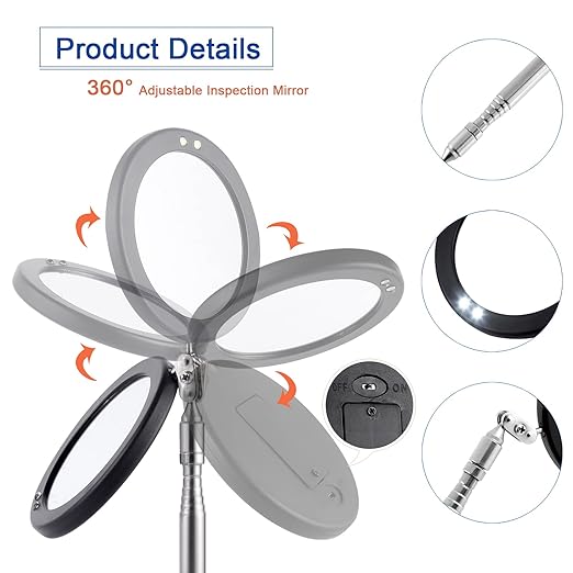 Telescoping Inspection Mirror LED Light with Large 3.75 Inches Round Mirror, 39.4 Inches Extendable, Flexible 360 Swivel, for Inspection Viewing, Mechanic Checking, Observation