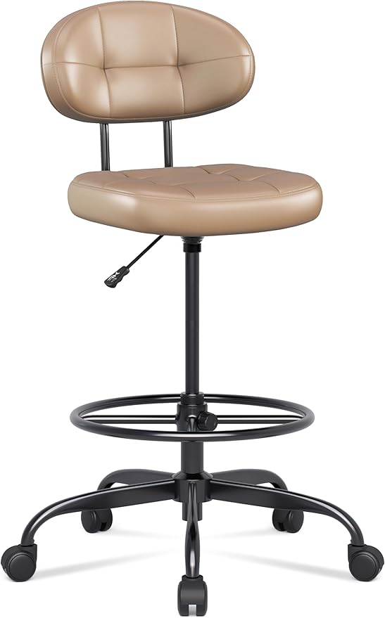 Misolant Drafting Chair Without Arms, Tall Office Chair with Footrest Ring for Standing Desk, Small Faux Leather Executive Office Chair with Adjustable Height for Bar Lab Counter Height Desk, Brown