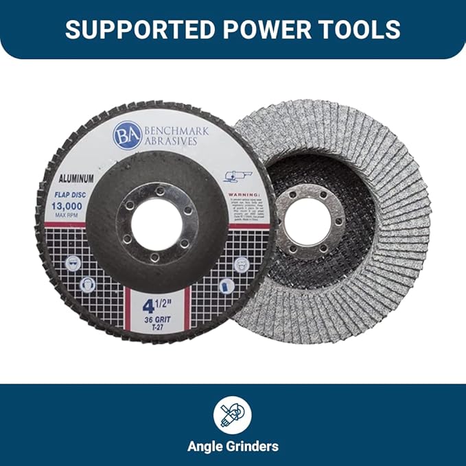 Benchmark Abrasives 4.5" x 7/8" Stearate Coated Type 29 Flap Discs for Aluminum or Other Soft Metals, Angle Grinder Discs for Sanding, Finishing, Grinding, Deburring (10 Pack) - 36 Grit