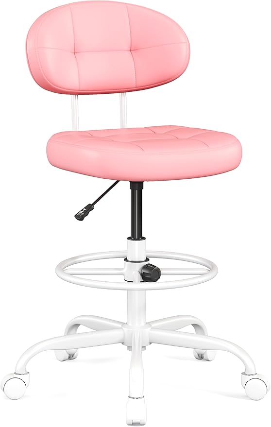Misolant Drafting Chair, Armless Tall Office Chair with Footrest Ring for Standing Desk, Small Faux Leather Executive Computer Chair with Adjustable Height for Bar Lab Counter Height Desk, Pink