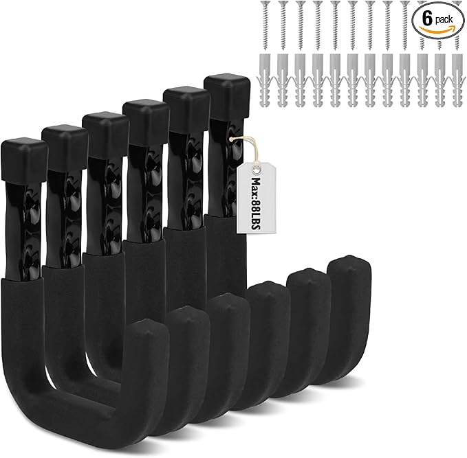 SEDY 6-Piece Heavy Duty Garage Storage Hooks, Wall Mount J Utility Hooks Holds 88 LB, Large Metal Utility, Garage Storage Ladders for Bikes, Garden Tools