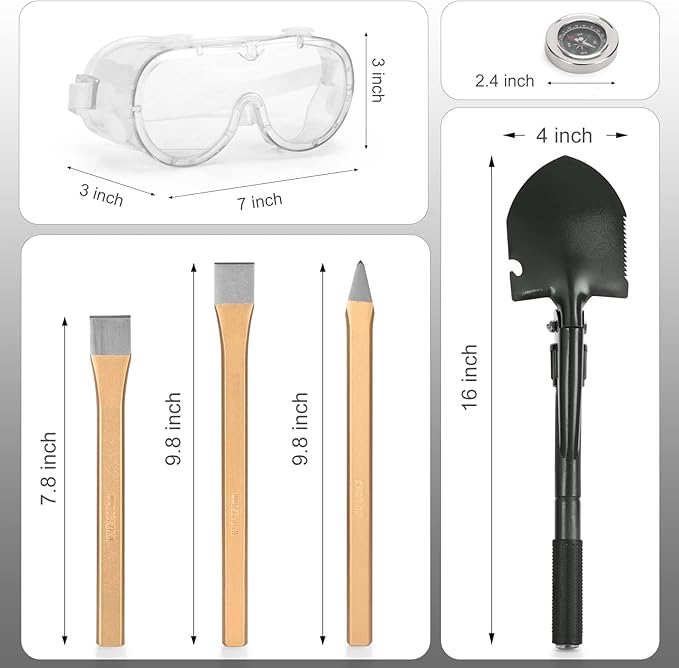 MYSTERYSTONE 28 Pieces Rock Hammer Kit for Rock Hounding, Complete Great Bundle including Steel Rock Pick Hammer,3-Pieces Heavy Duty Chisel Set,Updated Mussette Bag and Many More