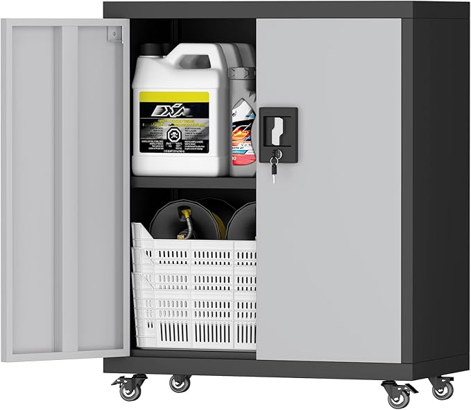 31.5''H Metal Garage Storage Cabinet with Wheels, Small Tool Storage Cabinets with Lock, Lockable Steel Rolling Tool Chest with Doors & Adjustable Shelves for Garage, Home, Office