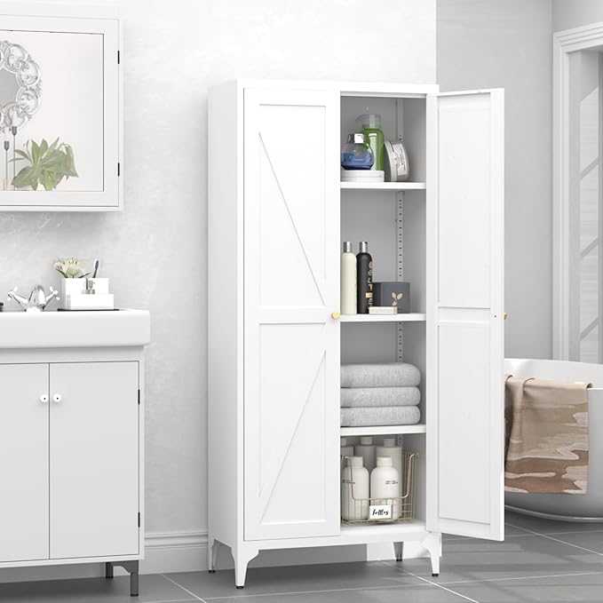 GREATMEET 65" Tall Kitchen Pantry Storage Cabinet, White Pantry Storage Cabinet, Farmhouse Metal Kitchen Cupboard with Doors for Garage, Dining Room, Living Room and Laundry
