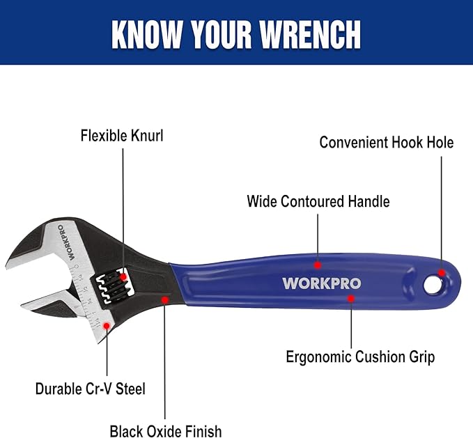 WORKPRO 2-Piece Adjustable Wrench Set, 6-Inch & 10-Inch Wide Jaw Black Oxide Wrench, Cr-V Steel, Metric & SAE Scales, Max Jaw Opening 15/16" & 1-5/16", for Home Repairs, Plumbing, Garage Work