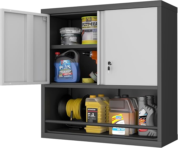 Metal Cabinet Wall Mounted, Garage Wall Storage Cabinets with 2 Door & Adjustable Shelves, Metal Wall Storage Cabinet for Bathroom, Office, Warehouse