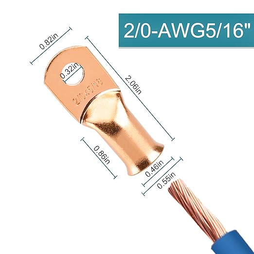 Battery Cable Ends, 8PCS Battery Cable Ends, 2/0 Gauge Wire Connectors 5/16 Copper Wire Lugs, Bare Copper Eyelets with Heat Shrink Tubing