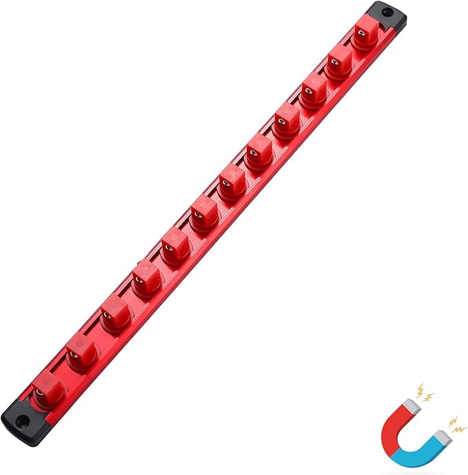 ALOANES Magnetic Socket Organizer, 1/2-Inch Drive Aluminum Socket Holder Socket Tray, Heavy Duty Socket Rail Organizer for Tool Box Drawer, 360°Swivel Clips Socket Rack 1/2-Inch x 12 Clips (Red)