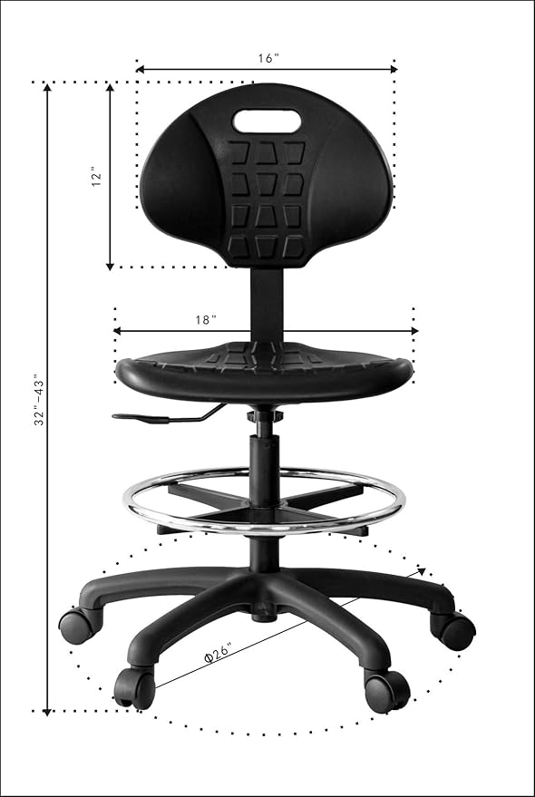 Chair Master (Medium Bench Stool, Standard Casters Easy to Clean! Ergonomic Polyurethane Bench Stool. Seat Height Range 18"-26". Adjustable Footring. for Home Office Lab Workstation