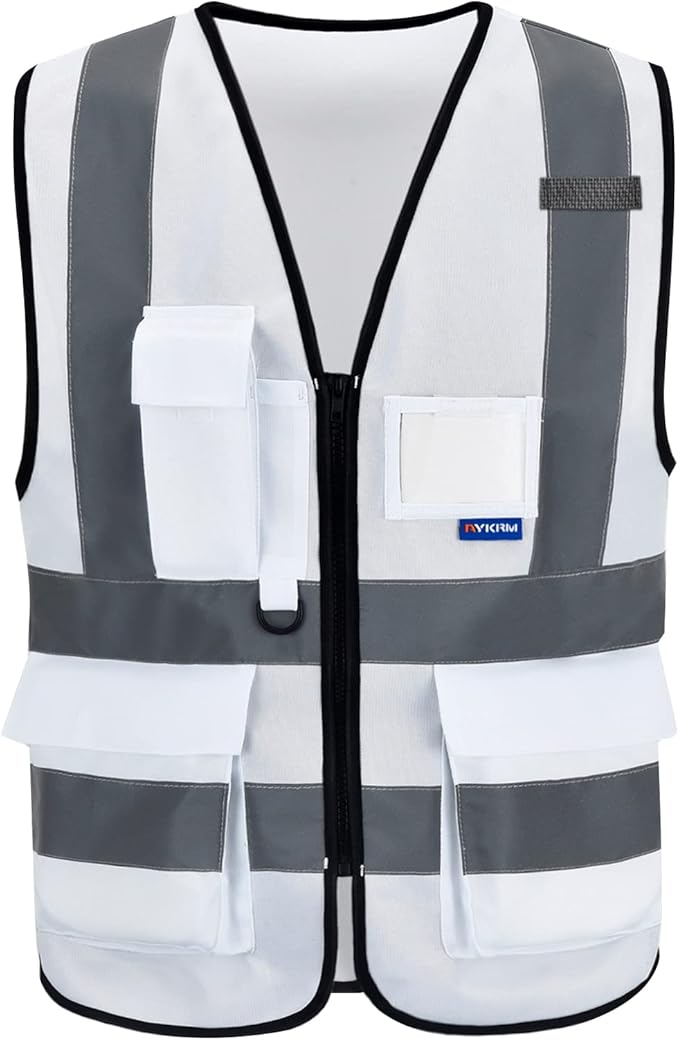 A-SAFETY XSmall White High Visibility Safety Vest with 4 Reflective Strips 7 Pockets,White X-Small