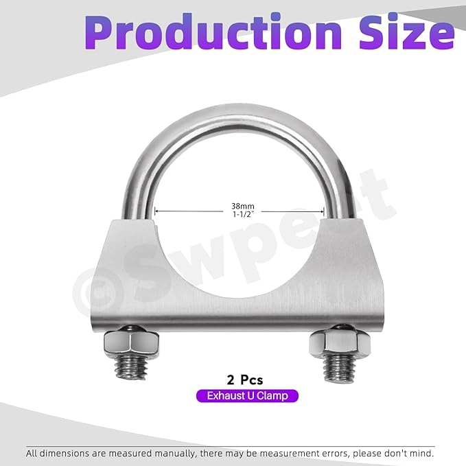Swpeet 2Pcs 1.5 Inches Exhaust U Clamp Kit, 1-1/2 Inches Stainless Steel Muffler U-Bolt Clamps, Universal Heavy Duty U-Bolt Muffler Clamp Ideal for Tip Pipes Connection