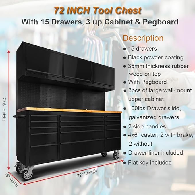72 inch 15 Drawers Tool Chest with 3 Up Cabinet & Pegboard in Stainless Steel (Black)