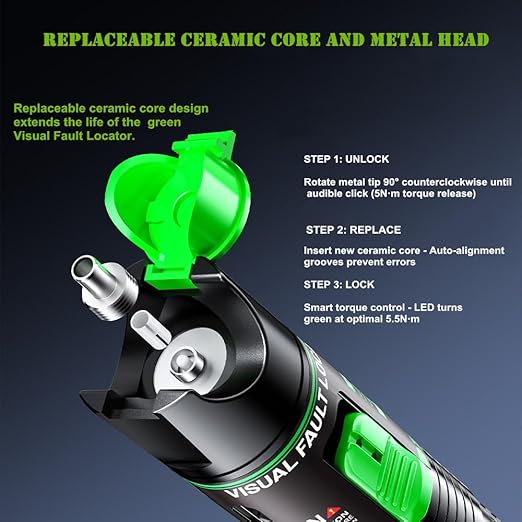 Visual Fault Locator - Green Light Fiber Optic Tester,510nm Wavelength, Compatible with SC/FC/ST/LC Interfaces, Ideal for Network