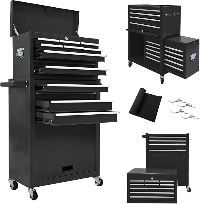 13 Drawer Rolling Tool Chest with Wheels, 2 in 1 Detachable Tool Chest with Drawers, Large Tool Box with Lock, Metal Tool Cabinet for Garage Workshop(Black)