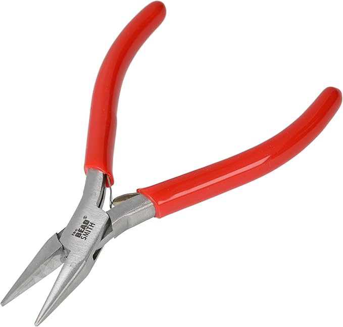 The Beadsmith Slim Line Chain Nose Pliers, 4.75 inches (120mm) with Polished Steel Head, red PVC Comfort Grip Handle with Double-Leaf Spring, Tool for Jewelry Making