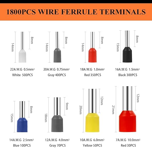 1800pcs Wire Ferrules Kit, AWG 22-7 Ferrule Crimping Kit Terminal Connector Wire Insulated Cord Pin Ends Terminals for Electric, Industrial