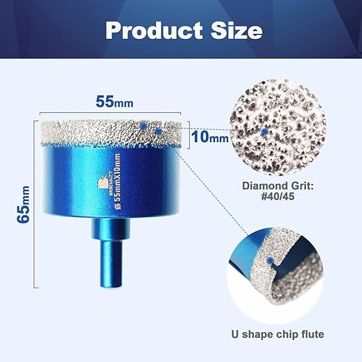 Dry Diamond Core Drill Bit Set,BRSCHNITT 2 1/8 Inch (55mm) Diamond Hole Saw Core Drill Bit with Triangle Shank for Porcelain Tile Ceramic Stone Granite Marble