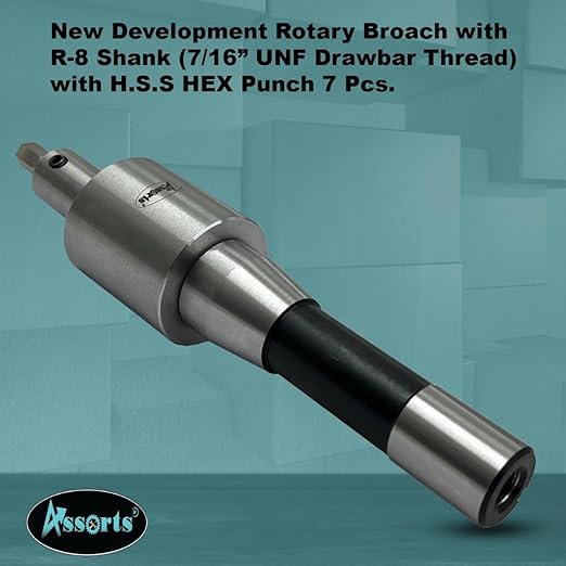 Assorts Precision Rotary Broach – R8 Shank (7/16" UNF) with HSS Hex Punches – CNC, Lathe, Milling & Drilling Compatible