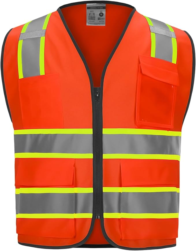 9 Pockets High visibility Class 2 Safety Vest，Hi Vis Vest with 2 inch wide Reflective Strips security vest with Zipper construction work vest for men &women Orange，Medium