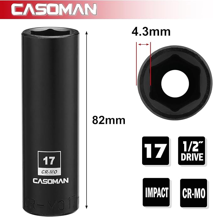 CASOMAN 1/2-Inch Drive x 17mm Deep Impact Socket, 6-Point, Metric, CR-MO