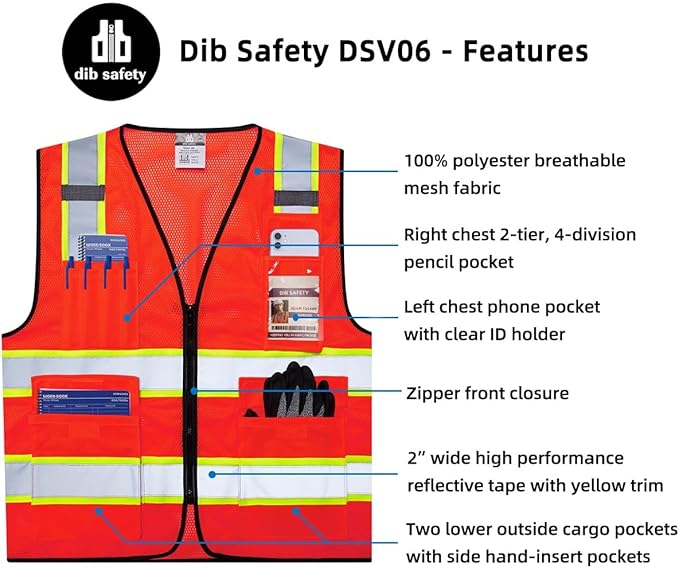 Dib Safety Reflective Mesh Vest High Visibility Two Tone with Pockets and Zipper, Red Mesh with Yellow Trim S