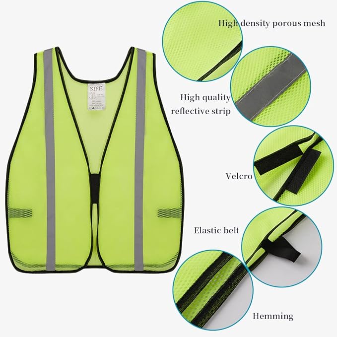 SIFE 10 Pack High Visibility Reflective Safety Vest,Made from Breathable and Neon Yellow Mesh Fabric,light weight for Man and Woman(Yellow-Grey, 10 pack)